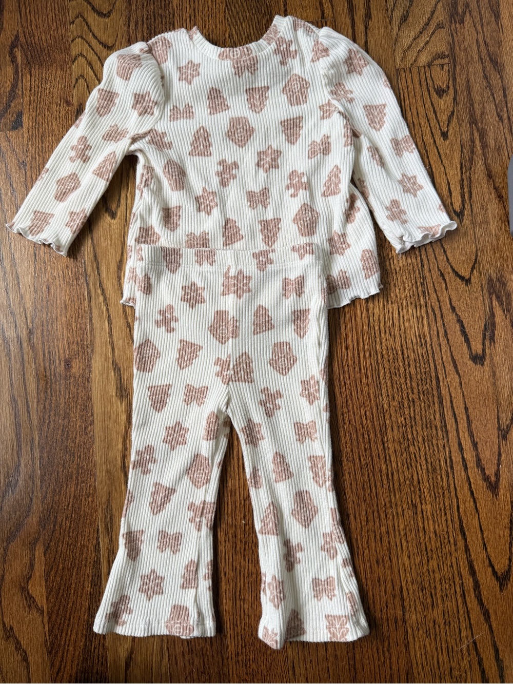 Baby Christmas Cream & Light Brown Gingerbread Design Ribbed Baby Two-Piece Set